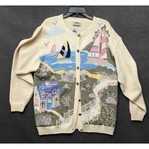 Northern Reflections Cardigan Sweater Sailboat Cottage Core Lighthouse Grandma